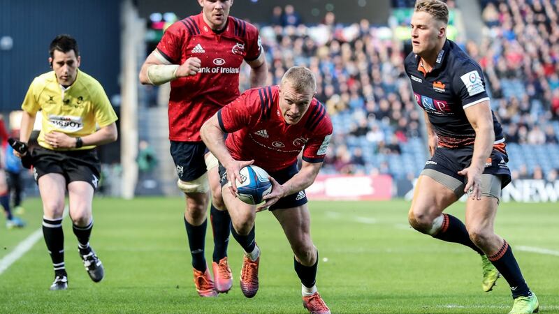 Munster’s Keith Earls  scores his second try during  the Heineken Champions Cup quarter-final at Murrayfield. Photograph: Dan Sheridan/Inpho