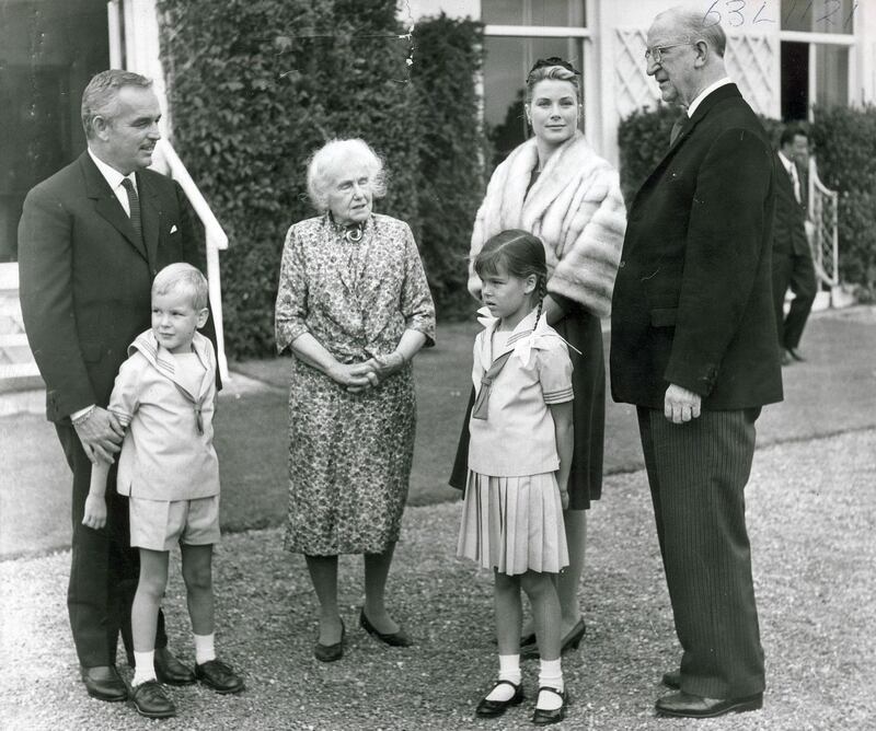From left, Prince Rainier, Prince Albert, Sinéad de Valera, Princess Grace, President Éamon de Valera and Princess Caroline at the Áras on August 29th, 1963. Photograph: Dermot Barry