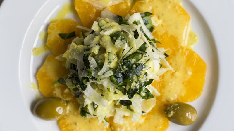 Sea beet, fennel, orange and olive salad. Photograph: Emma Jervis