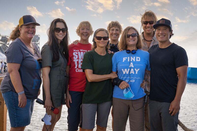 Nyad: Karly Rothenberg (who plays Dee), Elizabeth Chai Vasarhelyi, Annette Bening (who plays Diana Nyad), Jodie Foster (who plays Bonnie Stoll), Diana Nyad, Bonnie Stoll, Rhys Ifans (who plays John Bartlett) and Jimmy Chin on set. Photograph: Kimberley French/Netflix