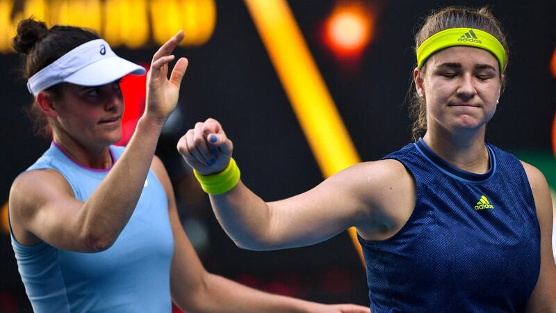 Karolina Muchova waves beside Jennifer Brady after her semi-final defeat. Photograph: Paul Crock/Getty/AFP