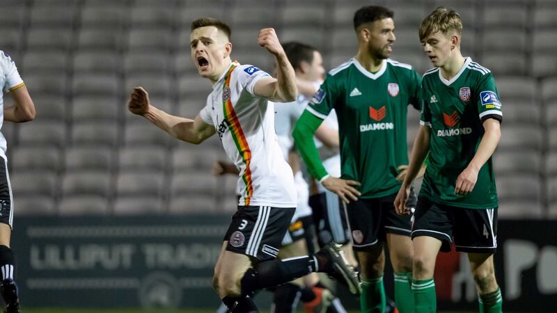 Darren Leahy celebrates Bohemians’ equaliser against Derry. Photograph: Morgan Treacy/Inpho