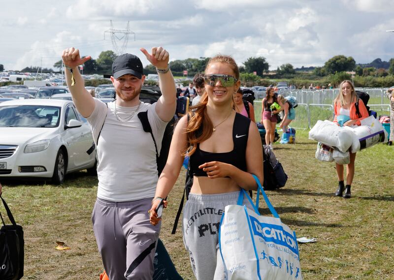 Happy campers in good mood arriving at Electric Picnic 2023 in Stradbally, Co Laois. Photograph: Alan Betson