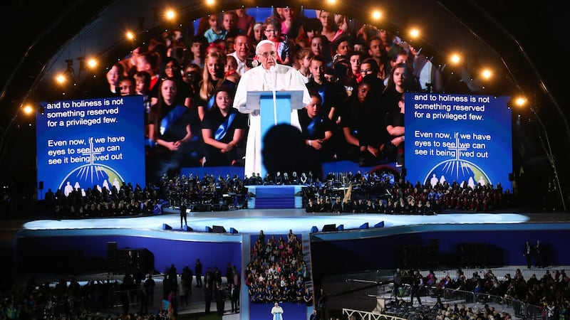 Pope Francis speaks on stage at a World Meeting of Families event in Croke Park, Dublin. Photograph: Maxwells