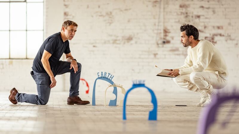Stephen Smartt and Oliver Jeffers with a miniature model of their project.