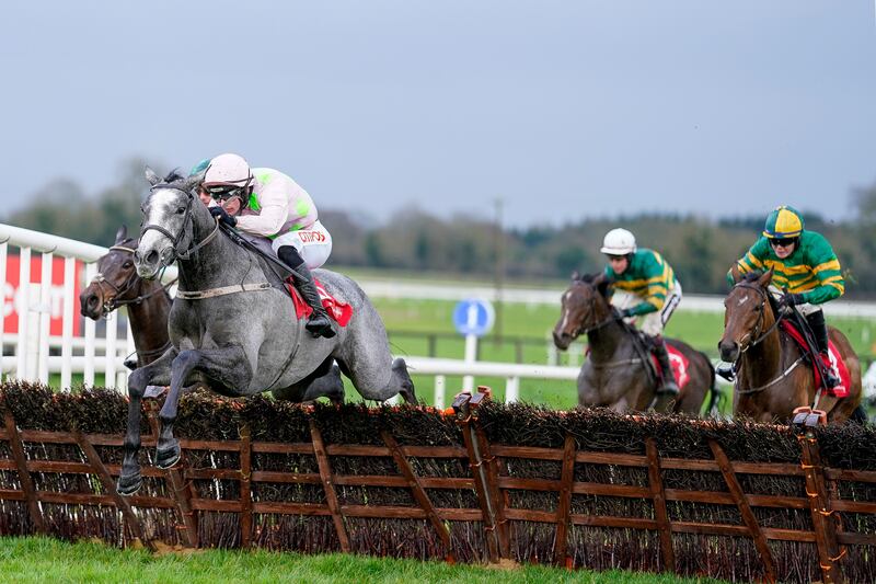 Danny Mullins riding Lossiemouth (pink) clear the last to win The Bar One Racing Price Boost Juvenile Hurdle at Fairyhouse Racecourse on December 4th in Ratoath. Photograph: Alan Crowhurst/Getty Images