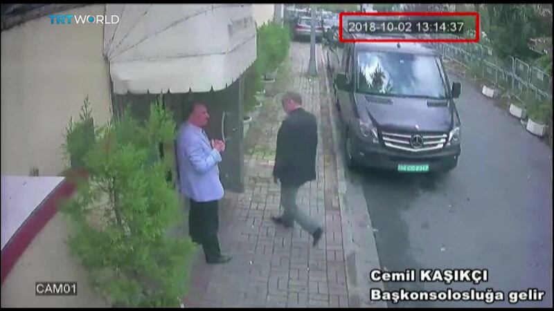 A screen shot from a police CCTV video made available through Turkish Newspaper Sabah allegedly shows Saudi journalist Jamal Khashoggi (right) entering the Saudi consulate in Istanbul on October 2nd.