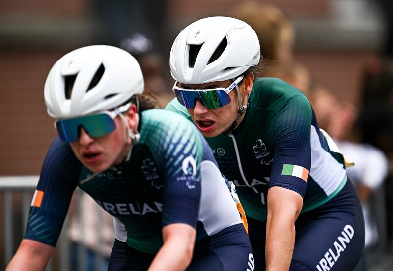 Katie-George Dunlevy  (right), and pilot Linda Kelly during the women's B road race on day nine of the Paris 2024 Paralympic Games. Photograph: Harry Murphy/Sportsfile 