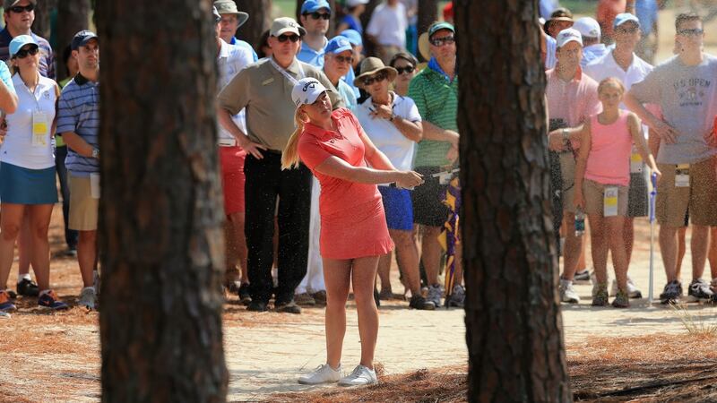 Stephanie Meadow plays a shot from the pine straw at the 2014 US Women’s Open at Pinehurst. Photograph:  David Cannon/Getty Images