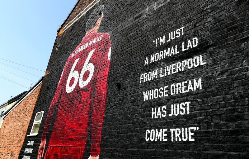 A mural of Trent Alexander-Arnold on the side of a house on Sybil Road, Anfield. Photograph: Martin Rickett/PA Wire
