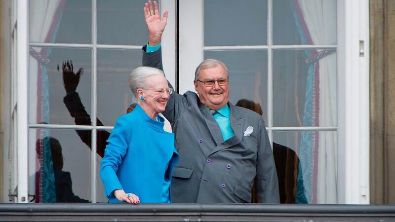 Danish Queen Margrethe and Prince Henrik greeting well-wishers from the balcony on the occasion of the Queen’s 76th Birthday celebration at Amalienborg Palace in Copenhagen in 2016. Photograph:   Marie Hald/Getty Images