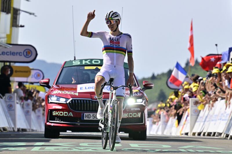 Slovenia's Tadej Pogacar celebrates after winning stage 12 of the Tour de France from Auch to Hautacam. Photograph: Dirk Waem/Belga Mag/AFP via Getty Images          