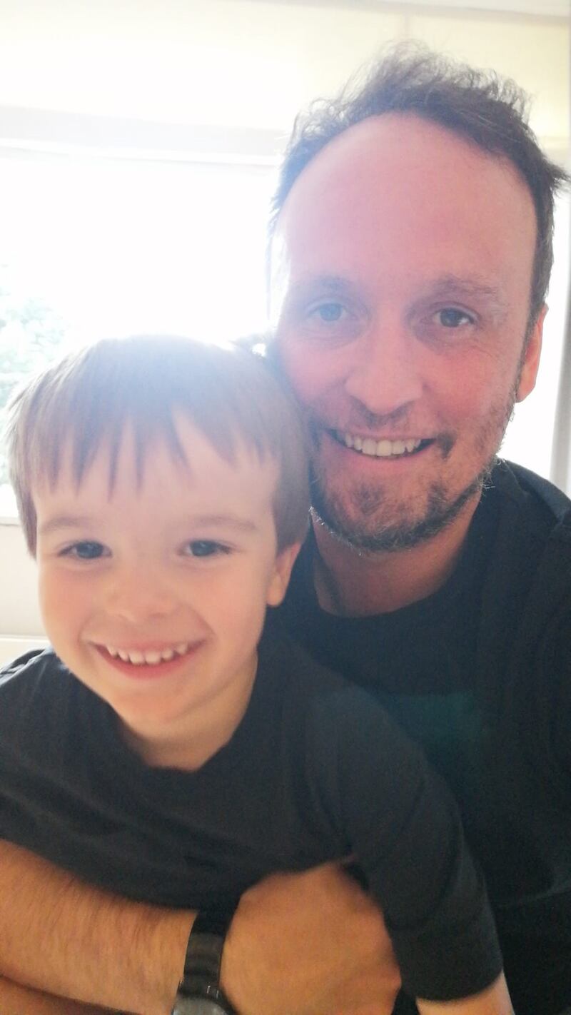 Cormac Chambers, principal of Gaelscoil Lios na nÓg in Ranelagh, with his five-year-old son Cuadhán. Chambers and his partner spoke English together in the early years of their relationship but now only speak Irish at home with their son.