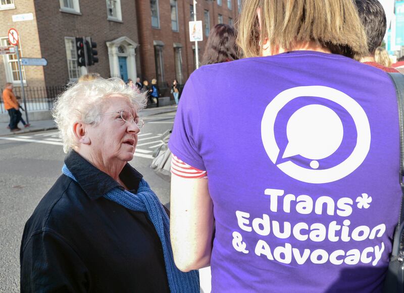 Nell McCafferty speaking to a participant at Rally for Recognition with trans people and allies from across Ireland and Europe. Photograph: Sasko Lazarov/RollingNews.ie