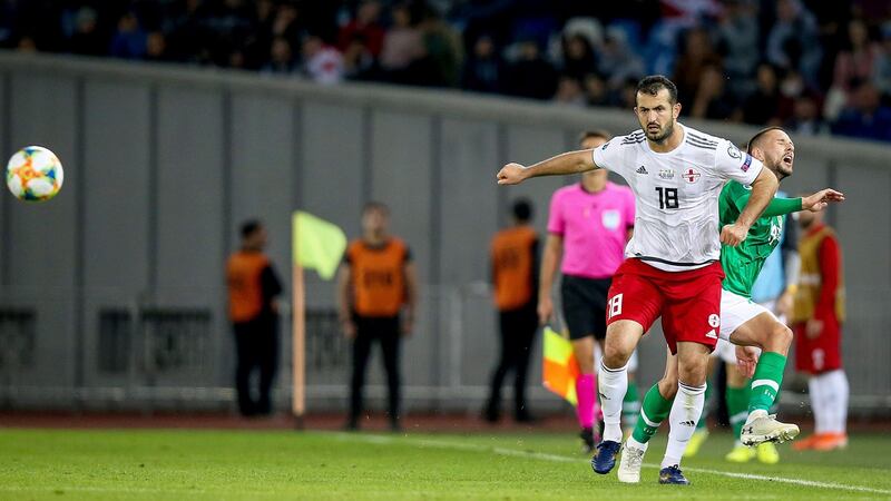 Ireland’s Conor Hourihane is  fouled by Gia Grigalava of Georgia during the  Euro 2020 Group D qualifier against Georgia at the Boris Paichadze Arena in Tbilisi. Photograph: Tommy Dickson/Inpho