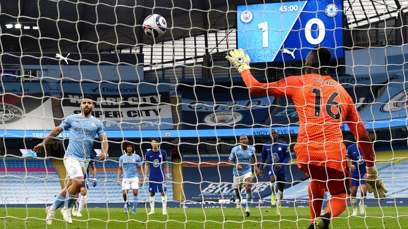 Mendy saves a panenka penalty attempt from Sergio Agüero. Photo: Shaun Botterill/PA Wire