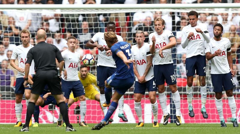 Marcos Alonso’s free-kick gave Chelsea a 1-0 lead at Wembley. Photograph: Dan Istitene/Getty