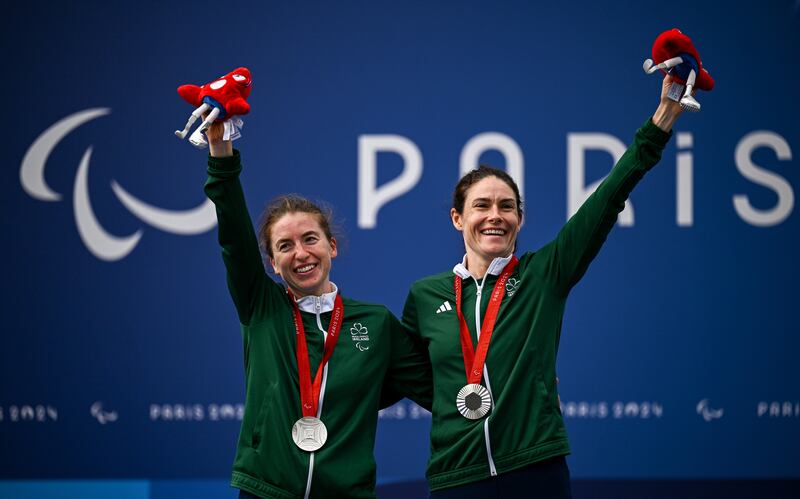 Katie-George Dunlevy, right, and pilot Linda Kelly celebrate winning silver in Paris. Photograph: Harry Murphy/Sportsfile