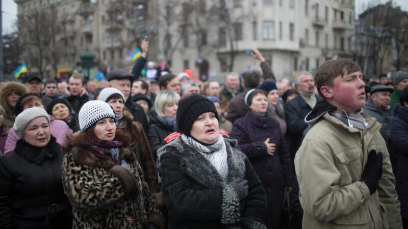 Ukrainian protesters rally in the eastern city of Kharkiv. Photograph: Uriel Sinai/The New York Times