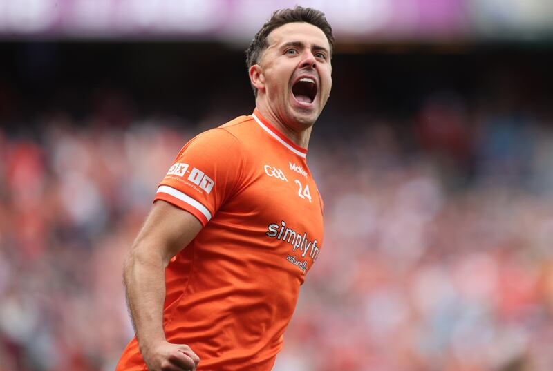 Armagh's Stefan Campbell celebrates after setting up Aaron McKay for the only goal of the game. Photograph: Tom Maher/Inpho