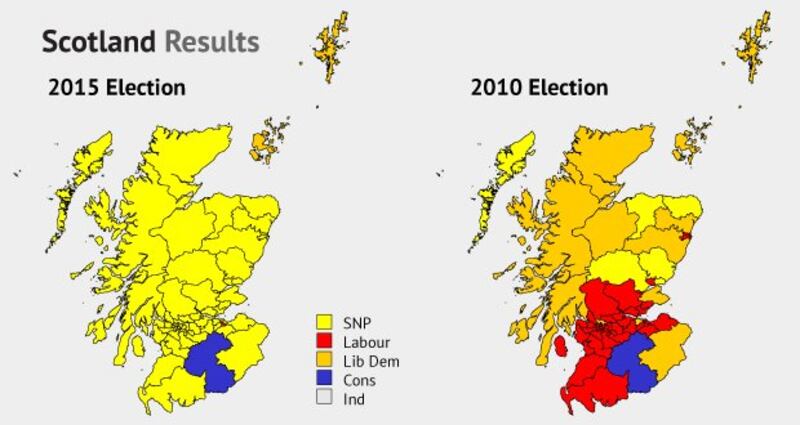 A graphic showing the change in seats won in the 2010 and the 2015 UK elections.  Graphic: Irish Times Studio
