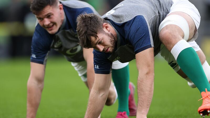Ireland number eight Caelan Doris at the Captain’s Run at the Aviva stadium on Friday. Photograph: Billy Stickland/Inpho