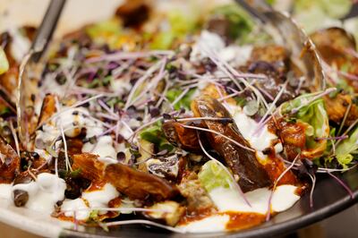Chipotle roasted aubergine, baby gem lettuce, gnomes farm purple kohlrabi shoots, coconut and lime yoghurt, from the VHI Food Lab. Photograph: Alan Betson
