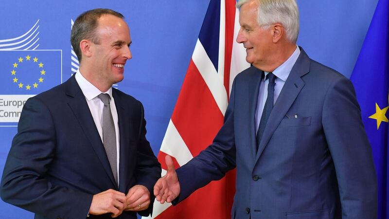 EU chief Brexit negotiator Michel Barnier (right)  with Britain’s Brexit secretary Dominic Raab during a meeting in Brussels on August 31st, 2018. Photograph: Getty Images