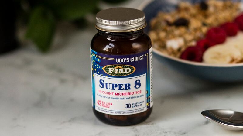 Udo’s Choice Super 8 is a hi-count microbiotic blend that contains eight strains of lacto and bifido bacteria. Each daily capsule contains 42 billion 'friendly' bacteria