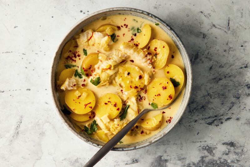 Bullinada, an aioli-spiked fish stew, is among the 100 recipes in Claudia Roden’s cookbook Med. Photograph: Kate Sears/Barrett Washburne/New York Times