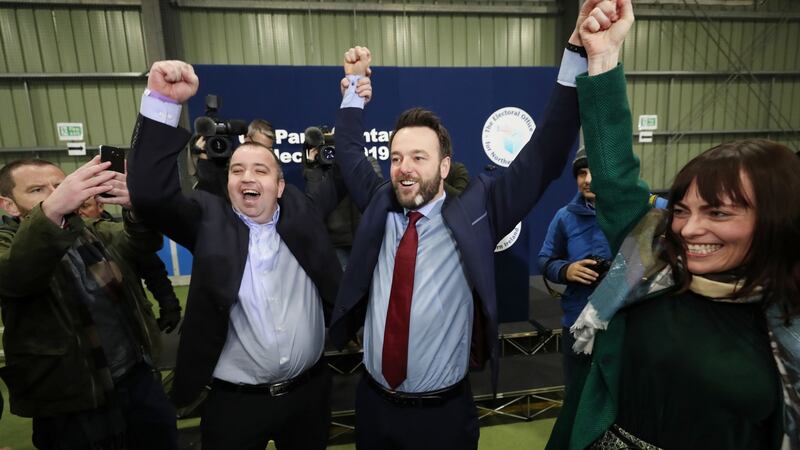SDLP leader Colum Eastwood celebrates his election as MP for Foyle at the Magherafelt count centre in 2019: Five years on, other dynamics at play include the outworkings of Sinn Féin’s post-2019 clearout in Foyle. Photograph: Niall Carson/PA Wire