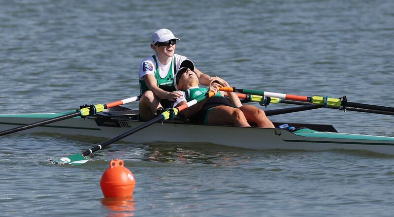 Aoife Casey and Margaret Cremen of Ireland react after placing third in the Lightweight Women's Double Sculls Final during the Rowing World Championships in Racice, Czech Republic, on Saturday. Photograph: Martin Divisek/EPA