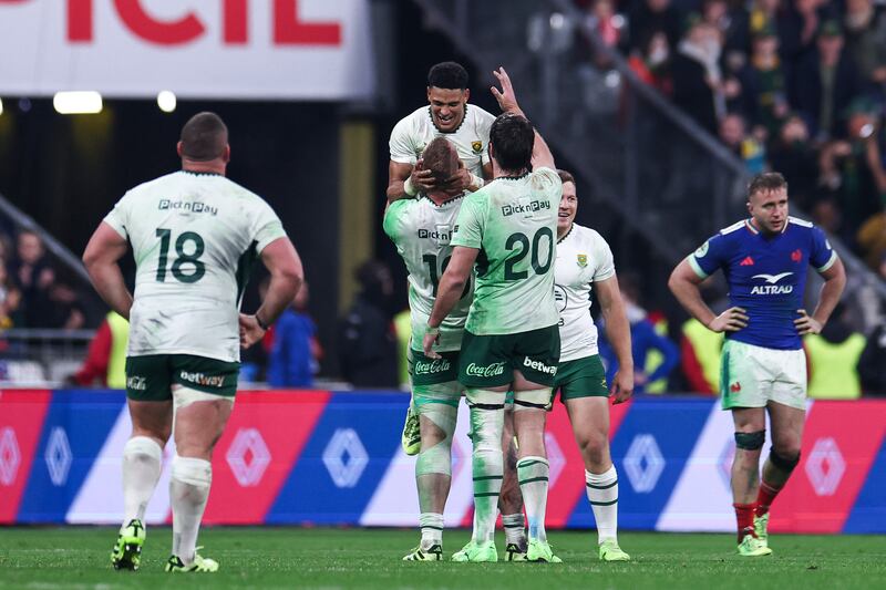 South Africa's players celebrate the 32-17 win over France. Photograph: Franck Fife/Getty