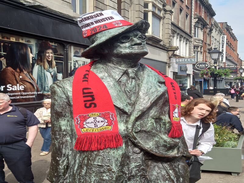 Bayer Leverkusen fans dressed up the statue of James Joyce on North Earl Street. Photograph: Daniel Ortmann