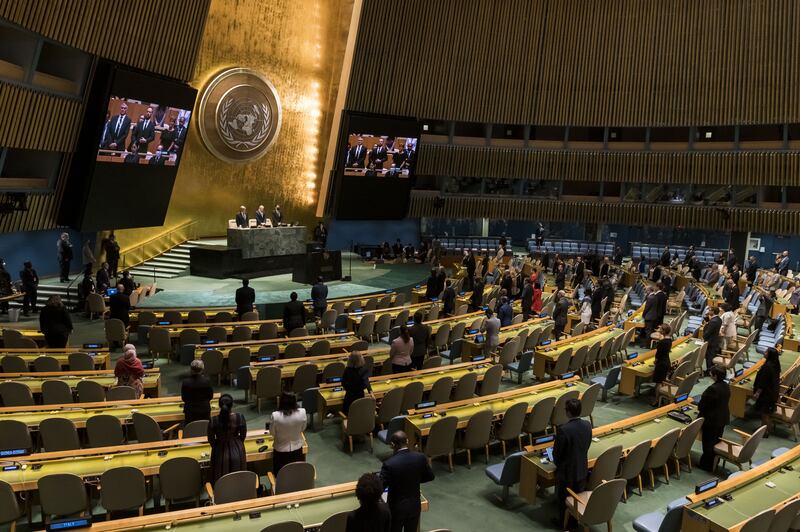 Delegates strand for a moment silence during a UN General Assembly meeting held to honour the Queen Elizabeth at United Nations Headquarters in New York. Photograph: Justin Lane/EPA
