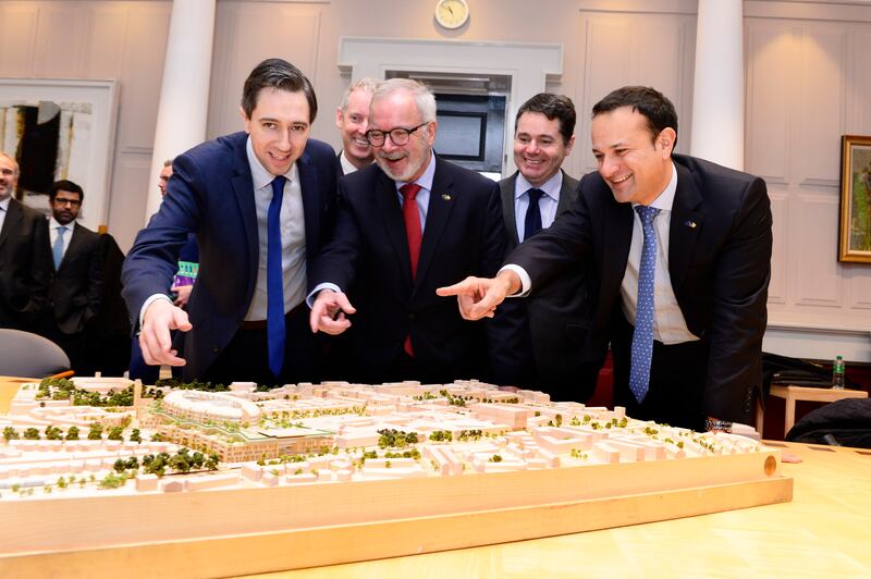 Then minister for health Simon Harris, EIB president Werner Hoyer, then minister for finance Paschal Donohoe and taoiseach Leo Varadkar at the signing of documents for the EIB loan for the new childrens hospital in 2017. Photograph: Cyril Byrne