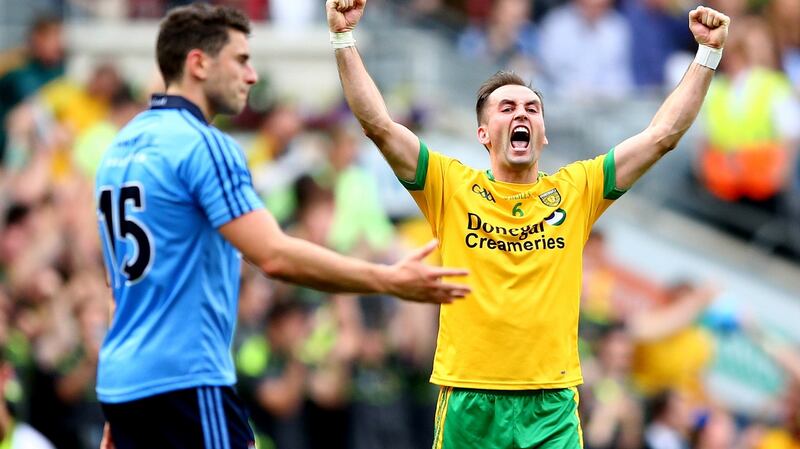 Donegal’s Karl Lacey celebrates at the final whistle. Photograph: James Crombie/Inpho
