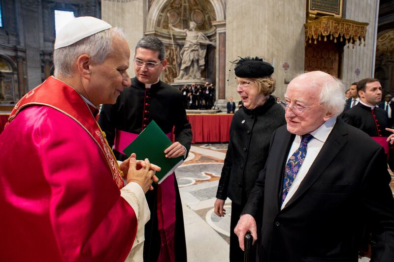 Pope Leo meets President Michael D Higgins and his wife Sabina in the Vatican after his inauguration ceremony mass in May. Photograph: Vatican/Maxwells
