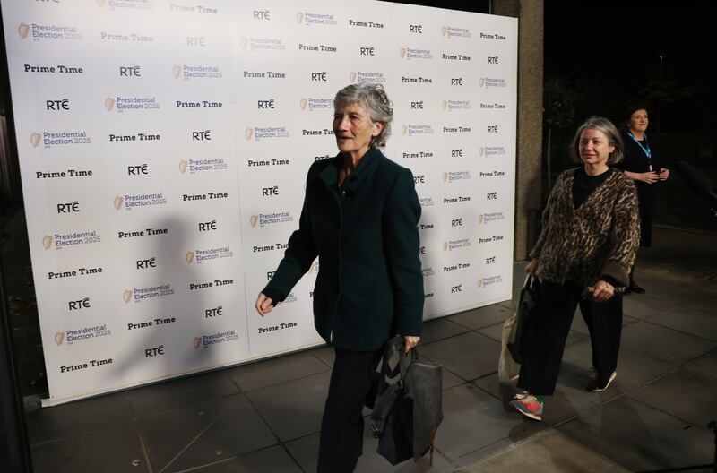 Catherine Connolly and her campaign manager Béibhinn O’Connor arrive at RTE in Donnybrook  for the Prime Time presidential debate on October 21st, the last of the campaign. Photo: Bryan O’Brien / The Irish Times

