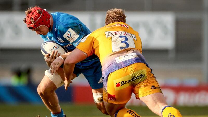 Leinster’s Josh Van der Flier is tackled by  Tomas Francis of Exeter Chiefs during the Heineken Champions Cup quarter-final at  Sandy Park. Photograph: James Crombie/Inpho