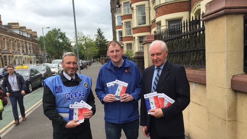 PSNI Supt Nigel Goddard, who will be liaising between French police and Northern Ireland fans at the Euros; Gary McAllister, of the Amalgamation of Official Northern Ireland Supporters’ Clubs; and Jim Shaw, president of the Irish Football Association. Photograph: Getty Images