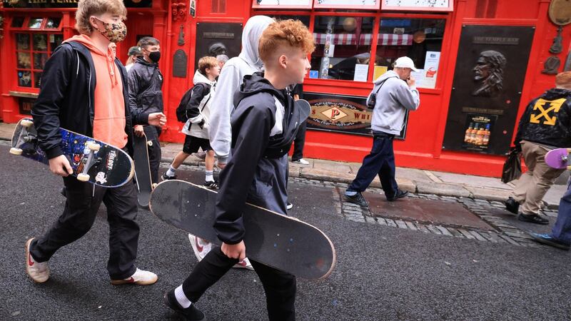 Skateboarders protest outside the Temple Bar pub in Dublin where there was an altercation between pub security staff and two teenage skateboarders. Photograph: Eamonn Farrell/ RollingNews.ie