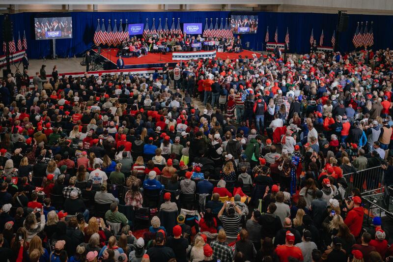 Former US president Donald Trump speaks during a campaign event at the Hyatt Regency in Green Bay, Wisconsin on Tuesday. Photograph: Jamie Kelter Davis/The New York Times                      