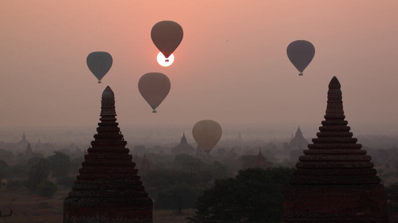 Balloons over the temples in Bagan