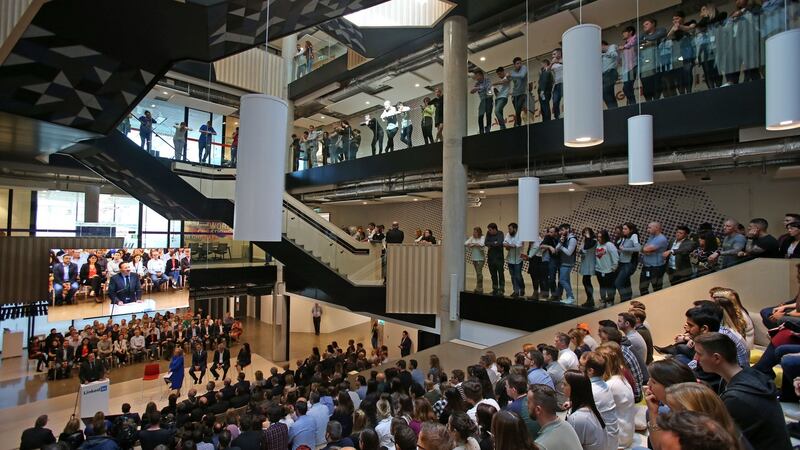 Staff listen to Taoiseach Leo Varadkar speaking at the official opening of LinkedIn’s new Europe, Middle East and Africa (EMEA) HQ in Dublin. Photograph: Niall Carson /PA Wire