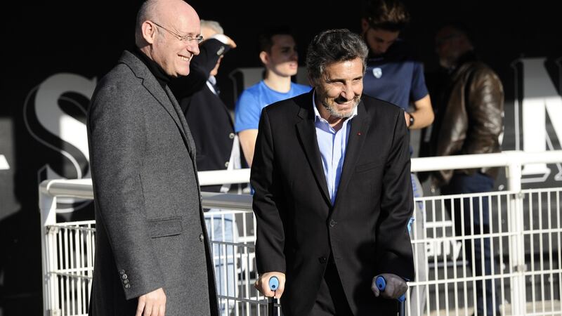 Bernard Laporte with Montpellier owner, the Syrian-born Mohed Altrad. Photograph:  Franck Pennant/AFP via Getty Images