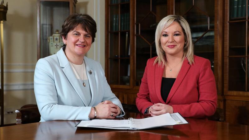 Arlene Foster and Deputy First Minister Michelle O’Neill of Sinn Féin. Photograph: Kelvin Boyes/Northern Ireland Executive/AFP via Getty