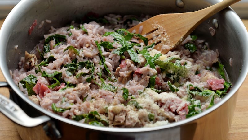 Duck risotto with cabbage, salami and red wine. Photograph: Alan Betson