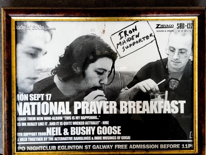 A copy of a poster for the band National Prayer Breakfast. (L to R) Darragh Keogh, Patrick Freyne and Paul Clancy. Photograph: Tom Honan