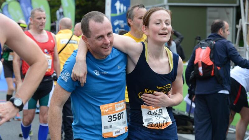 Chris O’Connell and Elaine O’Connor finishing in the 35th SSE Airtricity Dublin Marathon yesterday. Photograph: Cyril Byrne/The Irish Times.